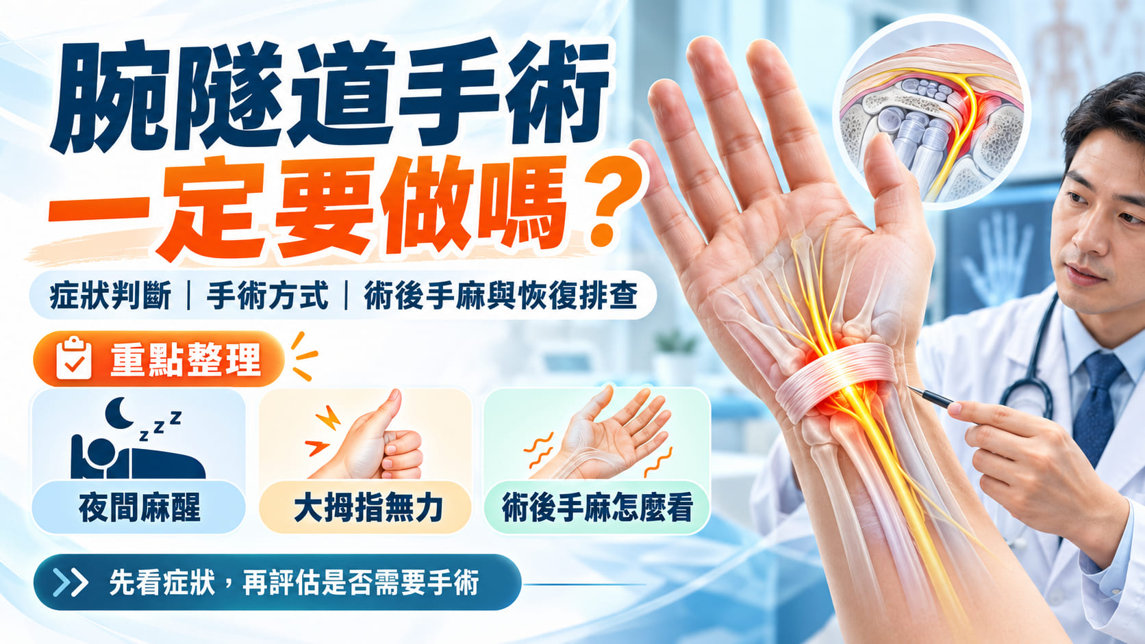 腕隧道手術一定要做嗎?症狀判斷、手術方式、術後手麻與恢復排查